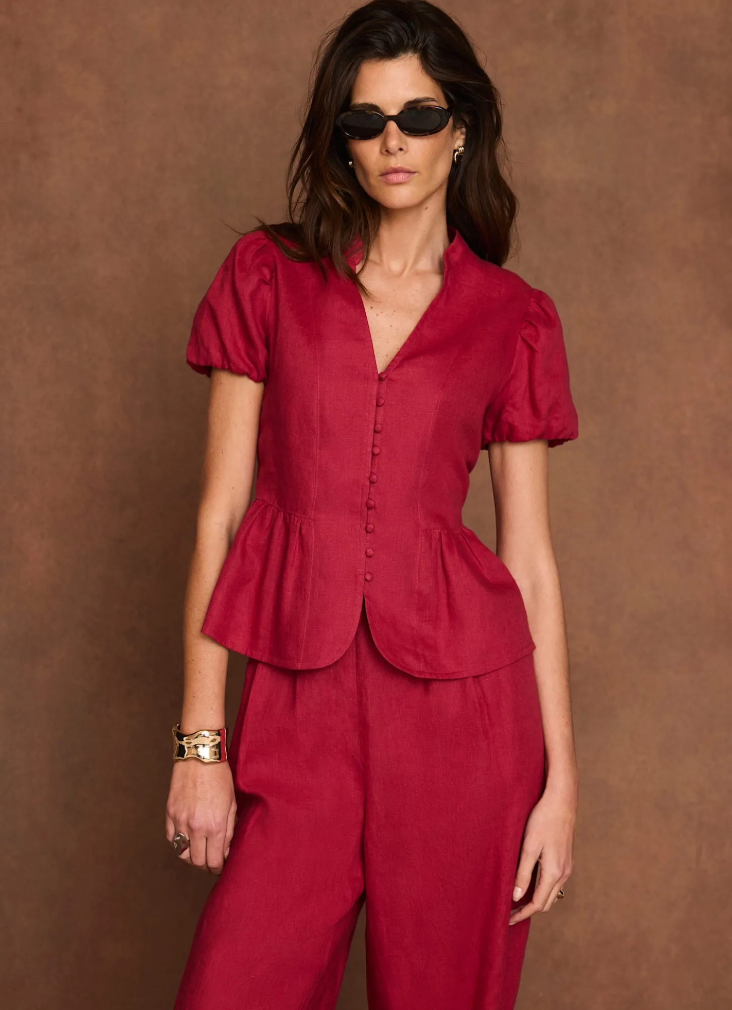Red Linen Peplum Top