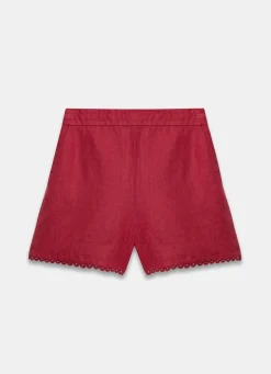 Red Linen Scallop Hem Shorts