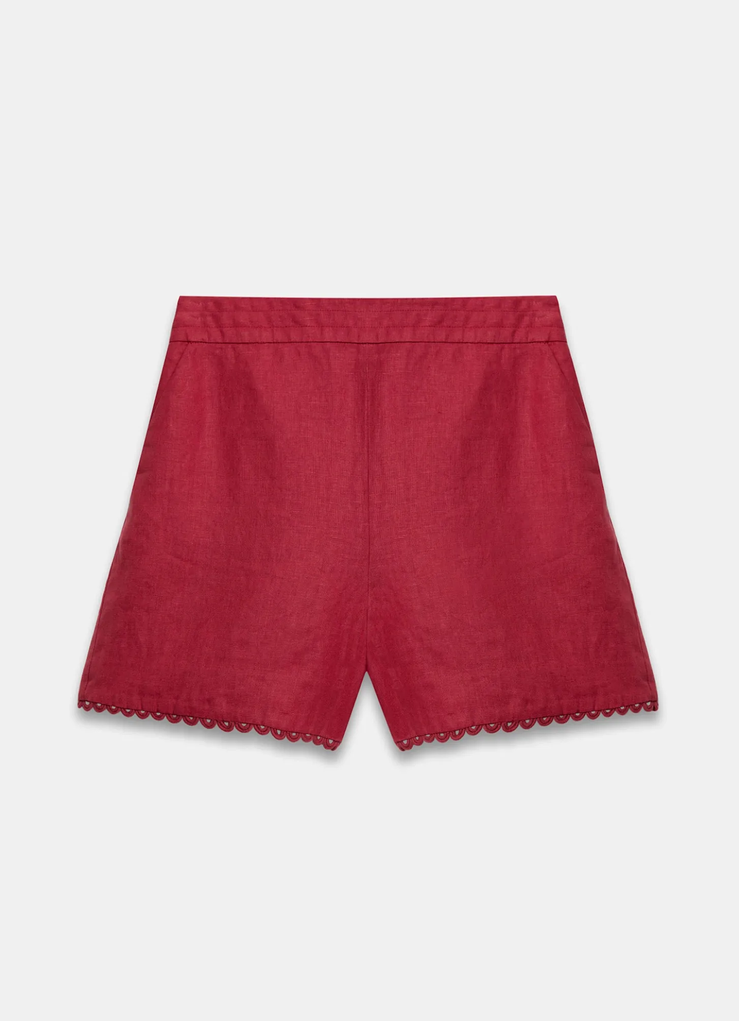 Red Linen Scallop Hem Shorts