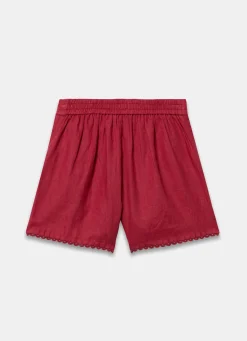 Red Linen Scallop Hem Shorts