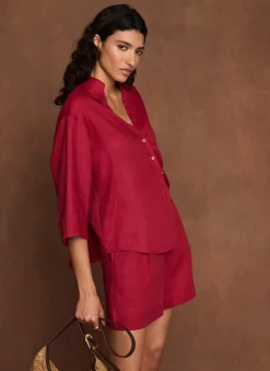 Red Linen Short Sleeve Resort Shirt
