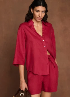 Red Linen Short Sleeve Resort Shirt