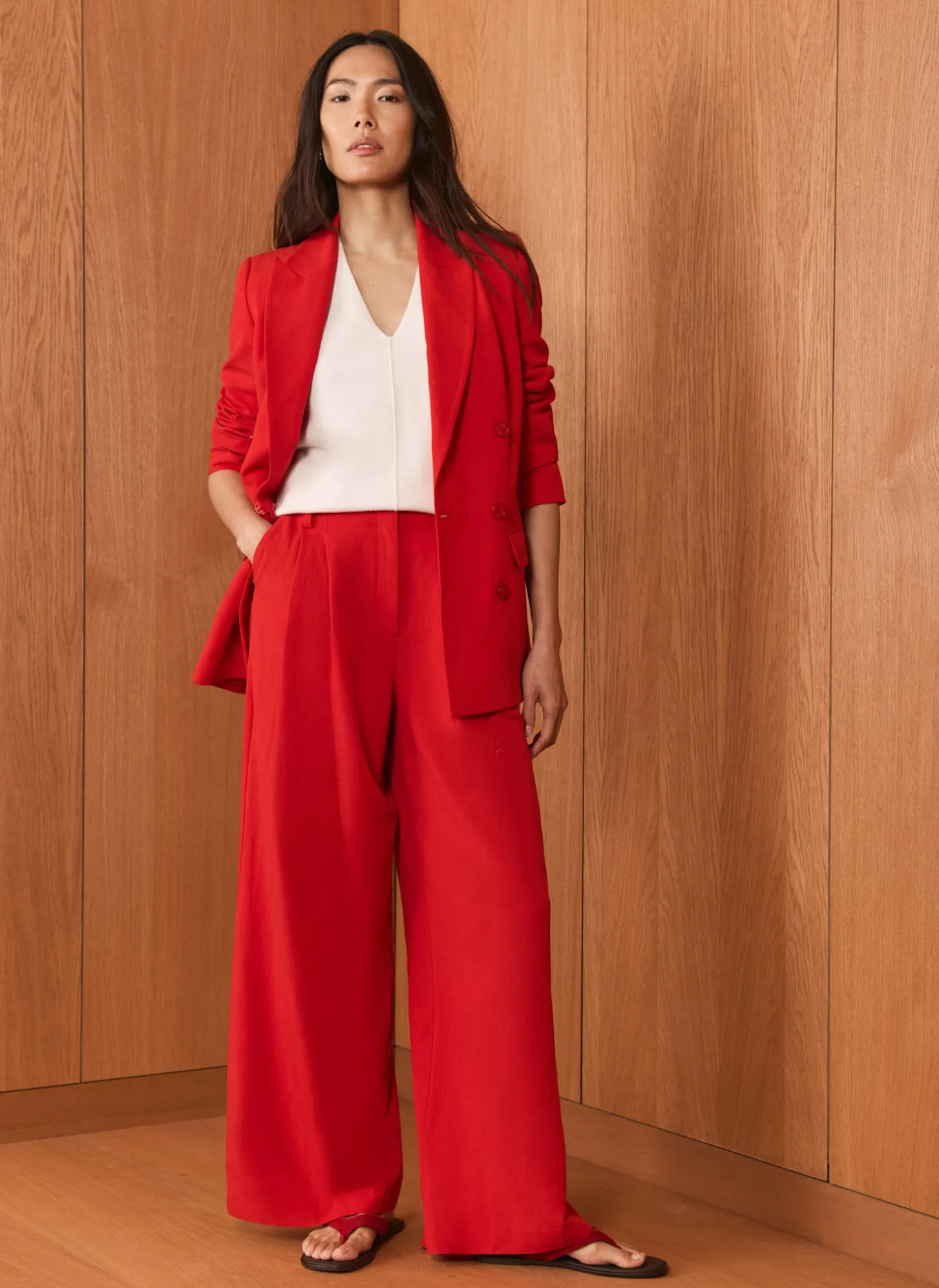 Red Pleated Wide Leg Trousers