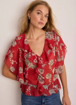 Red Printed Ruffle Blouse