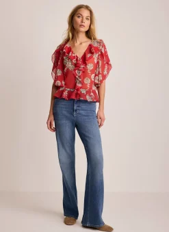 Red Printed Ruffle Blouse