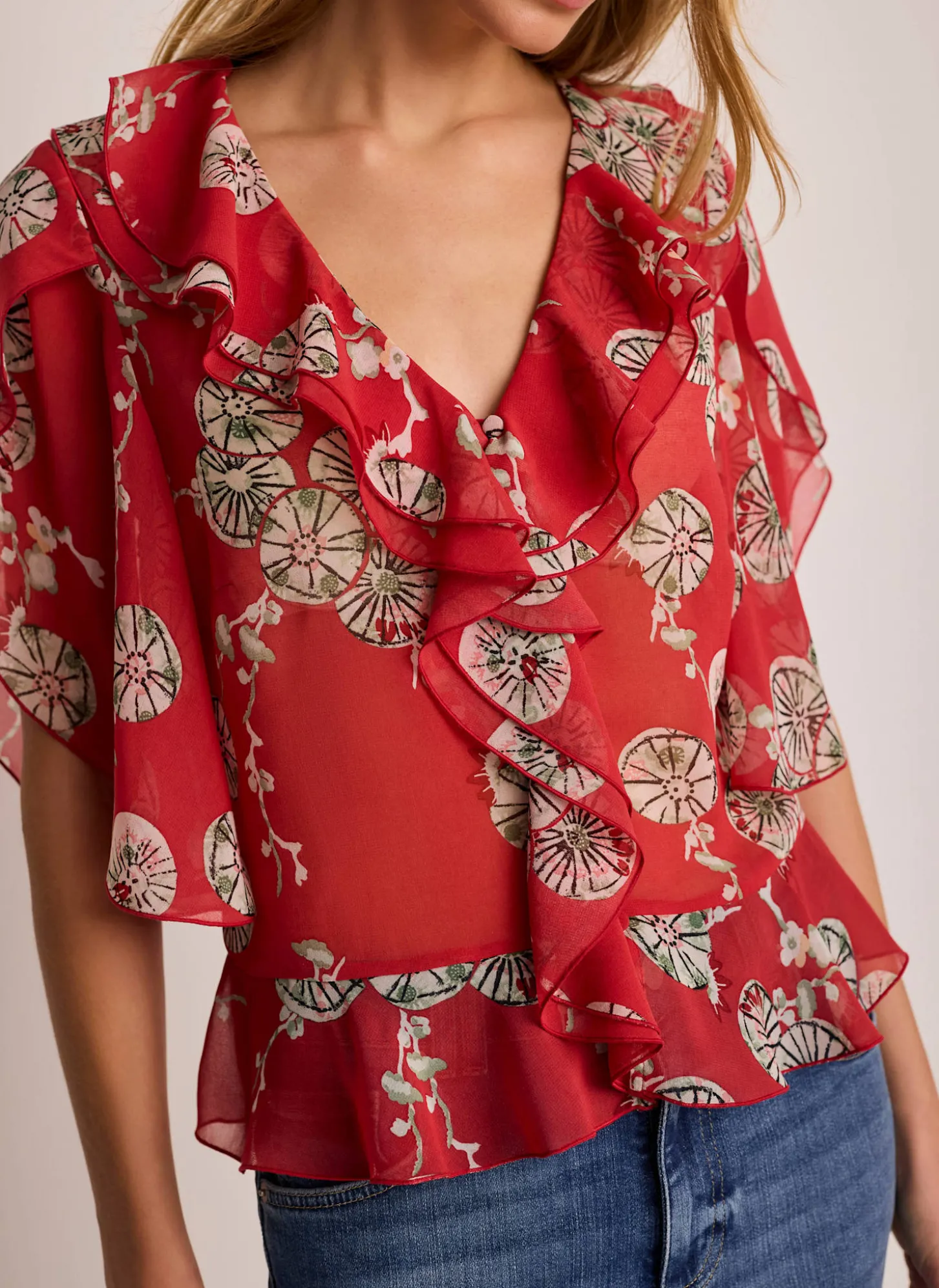 Red Printed Ruffle Blouse