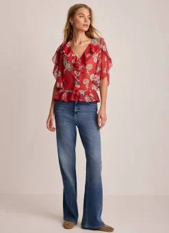 Red Printed Ruffle Blouse