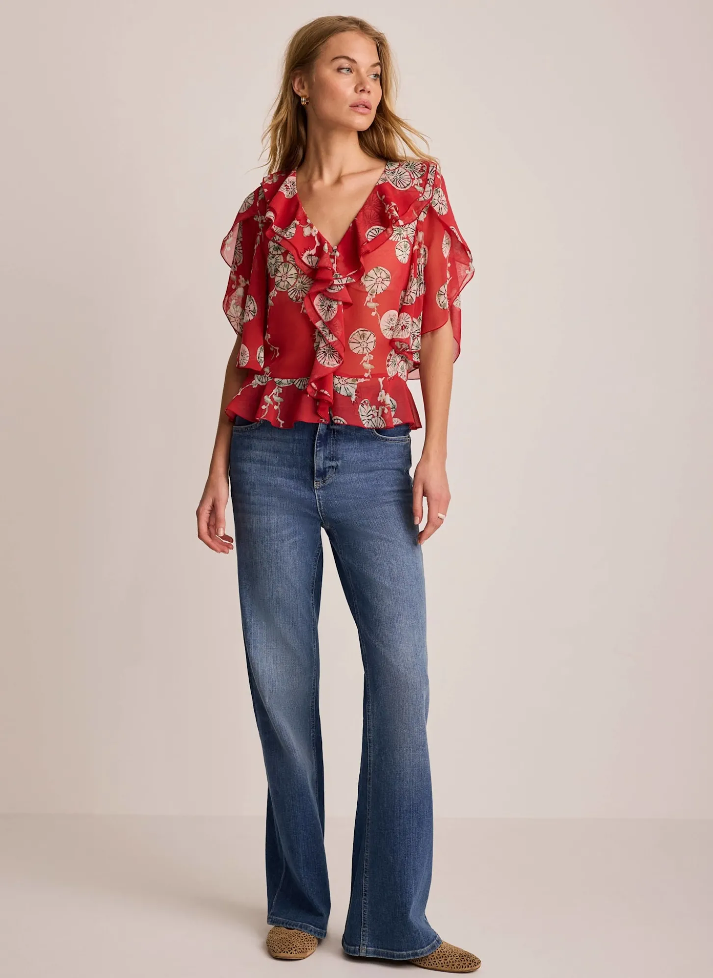 Red Printed Ruffle Blouse