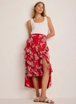 Red Printed Ruffle Maxi Skirt