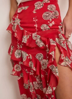 Red Printed Ruffle Maxi Skirt