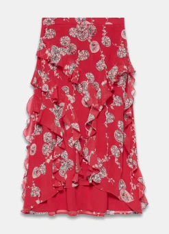 Red Printed Ruffle Maxi Skirt