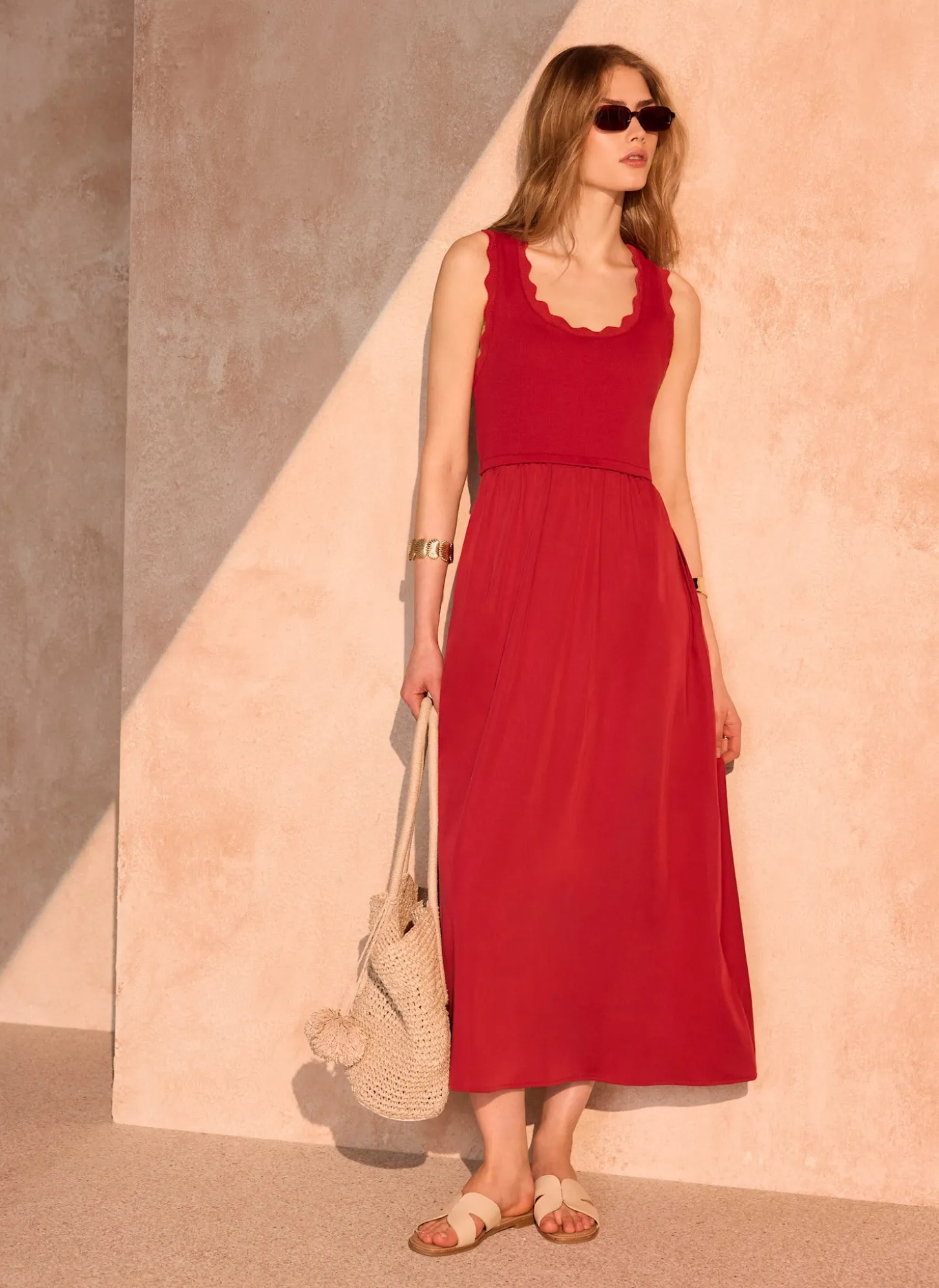 Red Scallop Trim Midi Dress