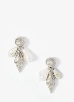 Silver Tone Shell Pearl Drop Earrings