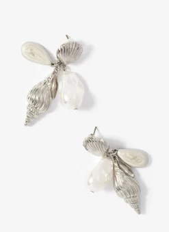 Silver Tone Shell Pearl Drop Earrings