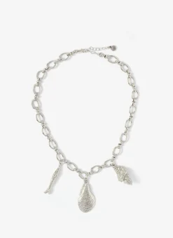 Silver Tone Shell Statement Charm Necklace