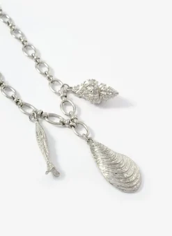 Silver Tone Shell Statement Charm Necklace