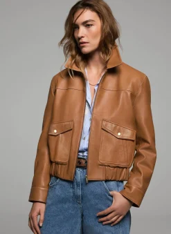 Tan Leather Collared Bomber Jacket