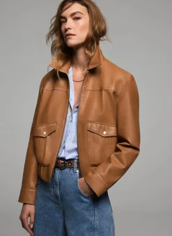 Tan Leather Collared Bomber Jacket