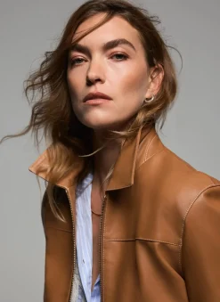 Tan Leather Collared Bomber Jacket