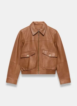 Tan Leather Collared Bomber Jacket