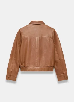 Tan Leather Collared Bomber Jacket