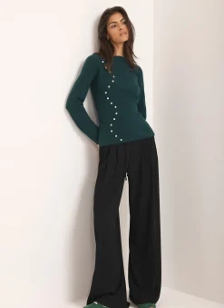 Teal Cotton Blend Button Detail Jumper