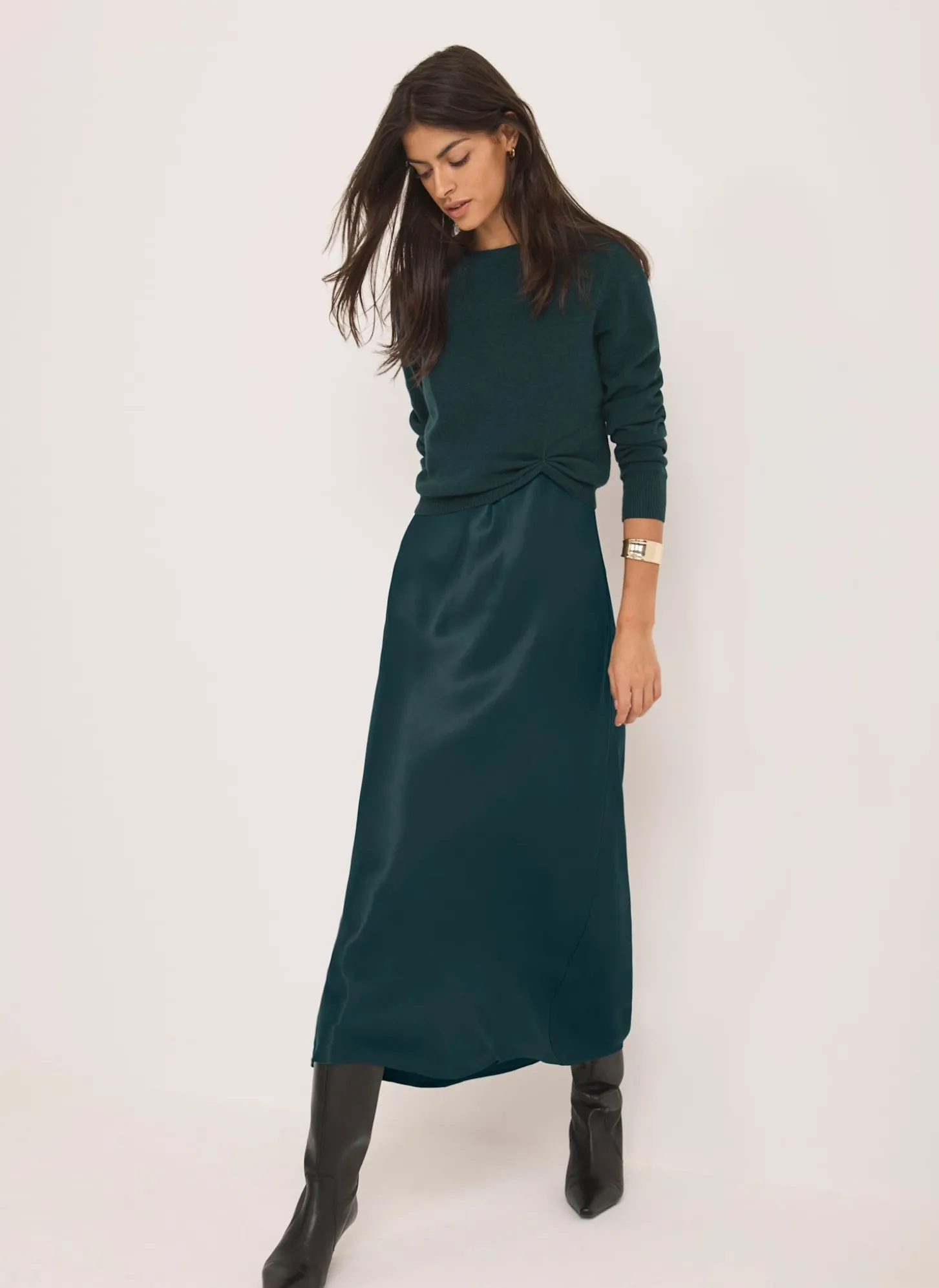 Teal Layered Satin Midi Dress