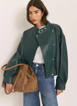 Teal Leather Cropped Pilot Bomber Jacket
