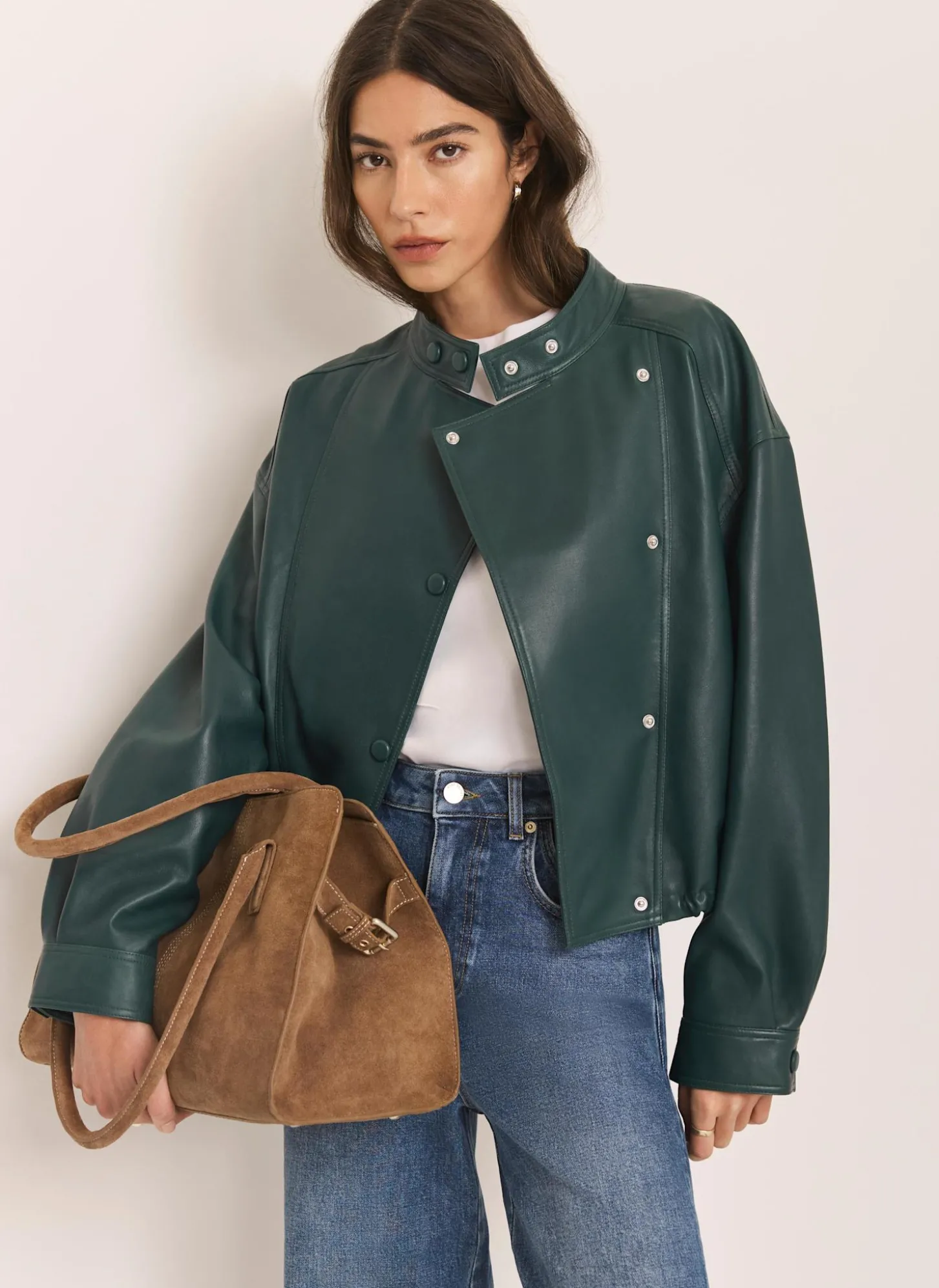 Teal Leather Cropped Pilot Bomber Jacket