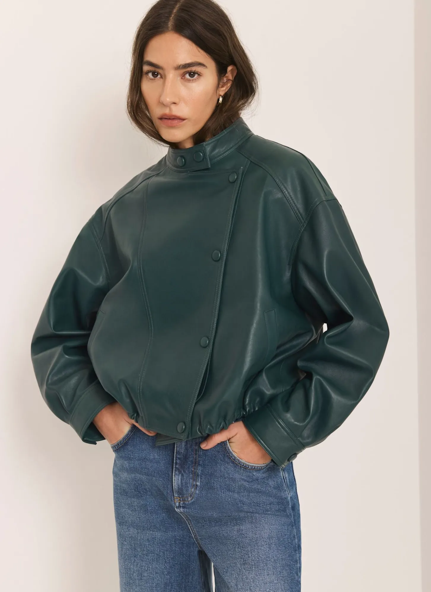 Teal Leather Cropped Pilot Bomber Jacket
