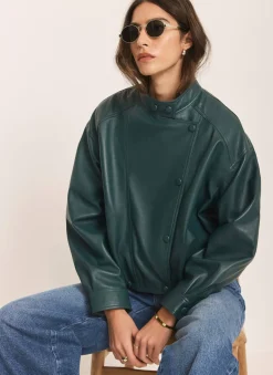 Teal Leather Cropped Pilot Bomber Jacket