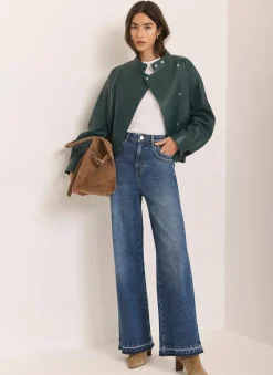 Teal Leather Cropped Pilot Bomber Jacket