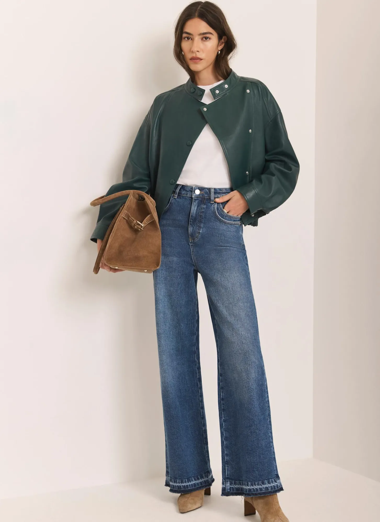 Teal Leather Cropped Pilot Bomber Jacket