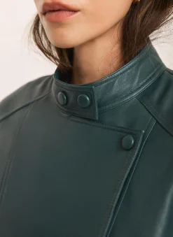 Teal Leather Cropped Pilot Bomber Jacket