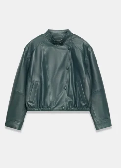 Teal Leather Cropped Pilot Bomber Jacket