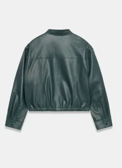 Teal Leather Cropped Pilot Bomber Jacket