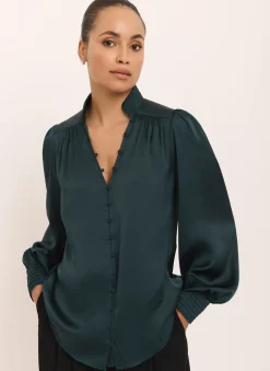 Teal Satin Long Sleeve Blouse