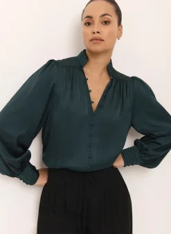 Teal Satin Long Sleeve Blouse