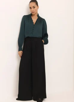 Teal Satin Long Sleeve Blouse
