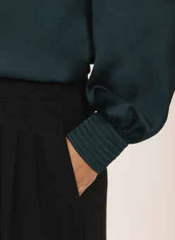 Teal Satin Long Sleeve Blouse
