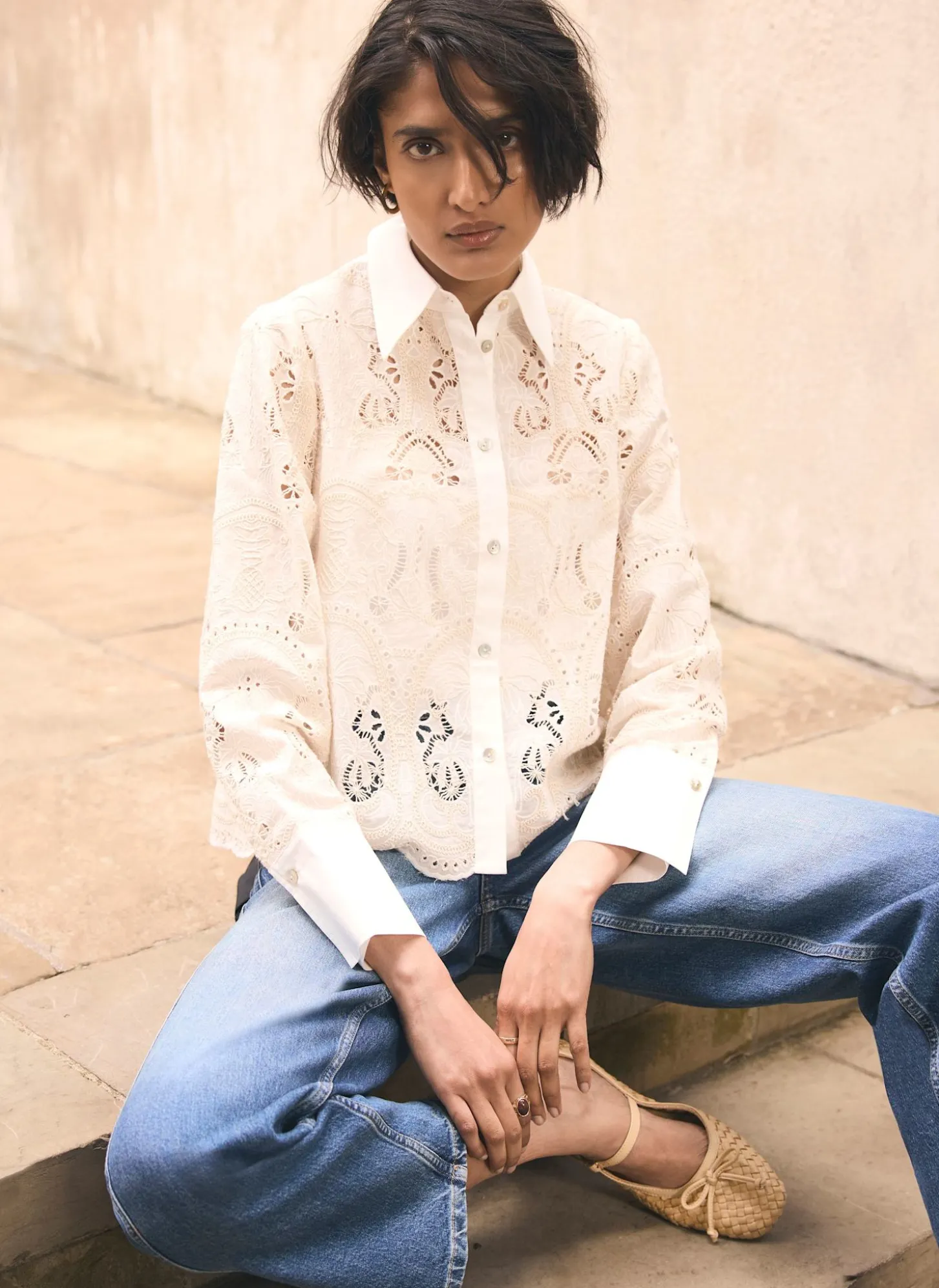 White Broderie Cropped Shirt