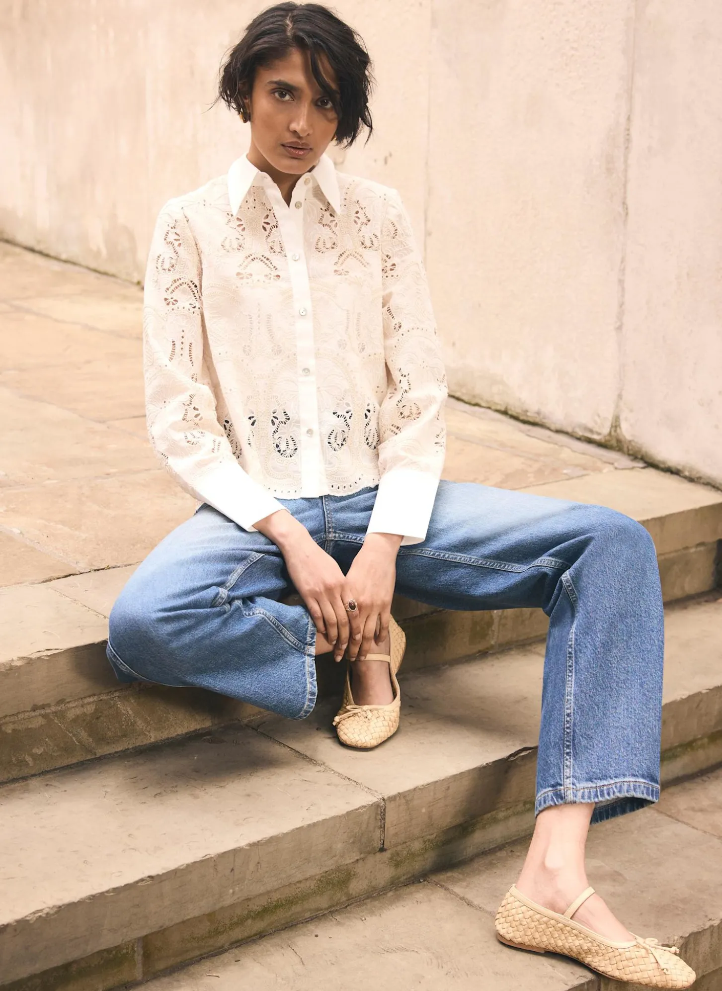 White Broderie Cropped Shirt