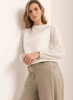 White Cotton Blend Broderie Sweatshirt