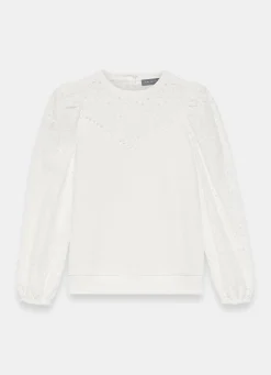 White Cotton Blend Broderie Sweatshirt