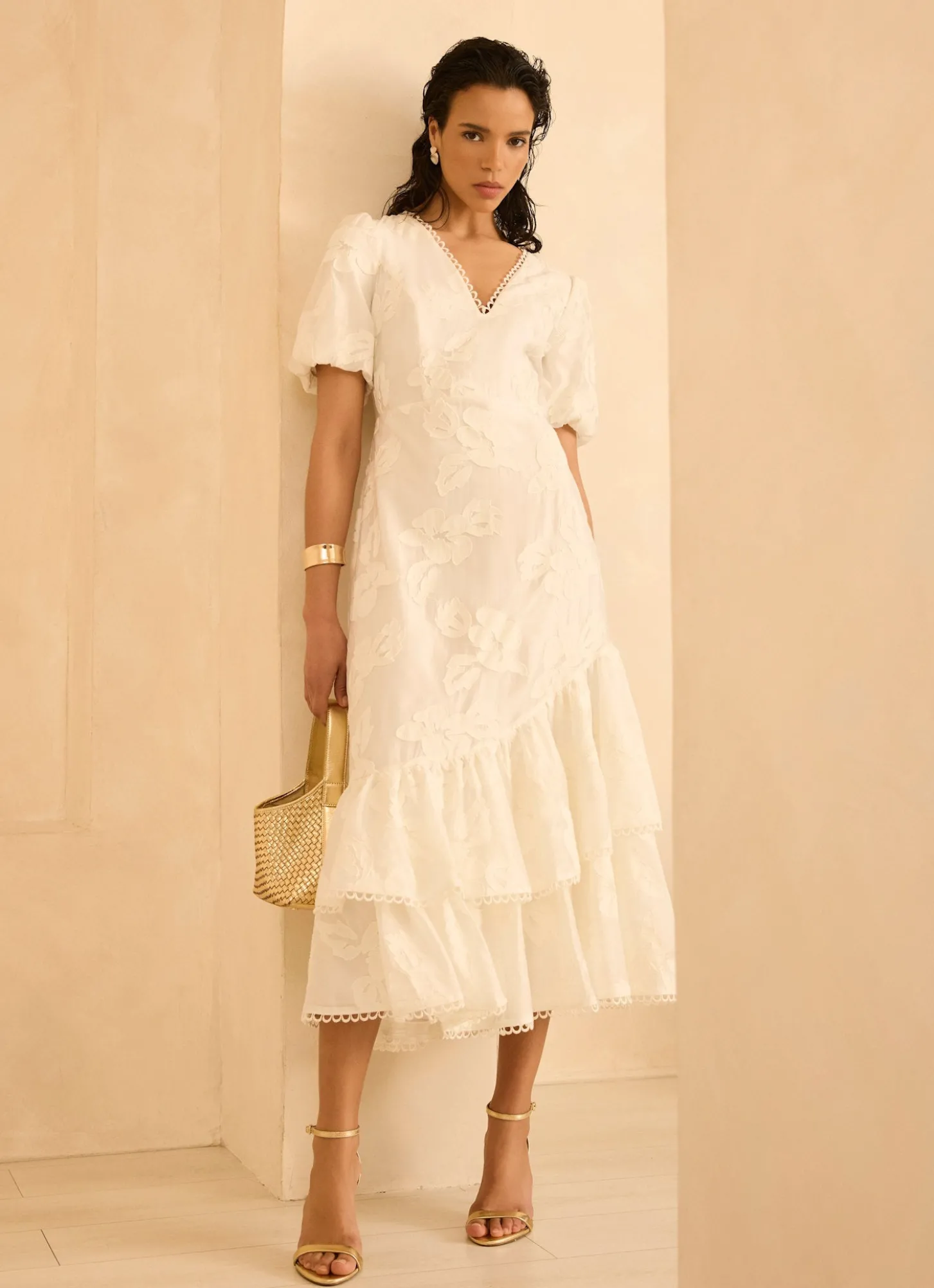 White Cotton Blend Floral Maxi Dress