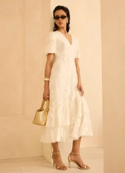 White Cotton Blend Floral Maxi Dress