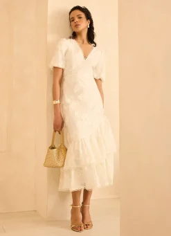 White Cotton Blend Floral Maxi Dress