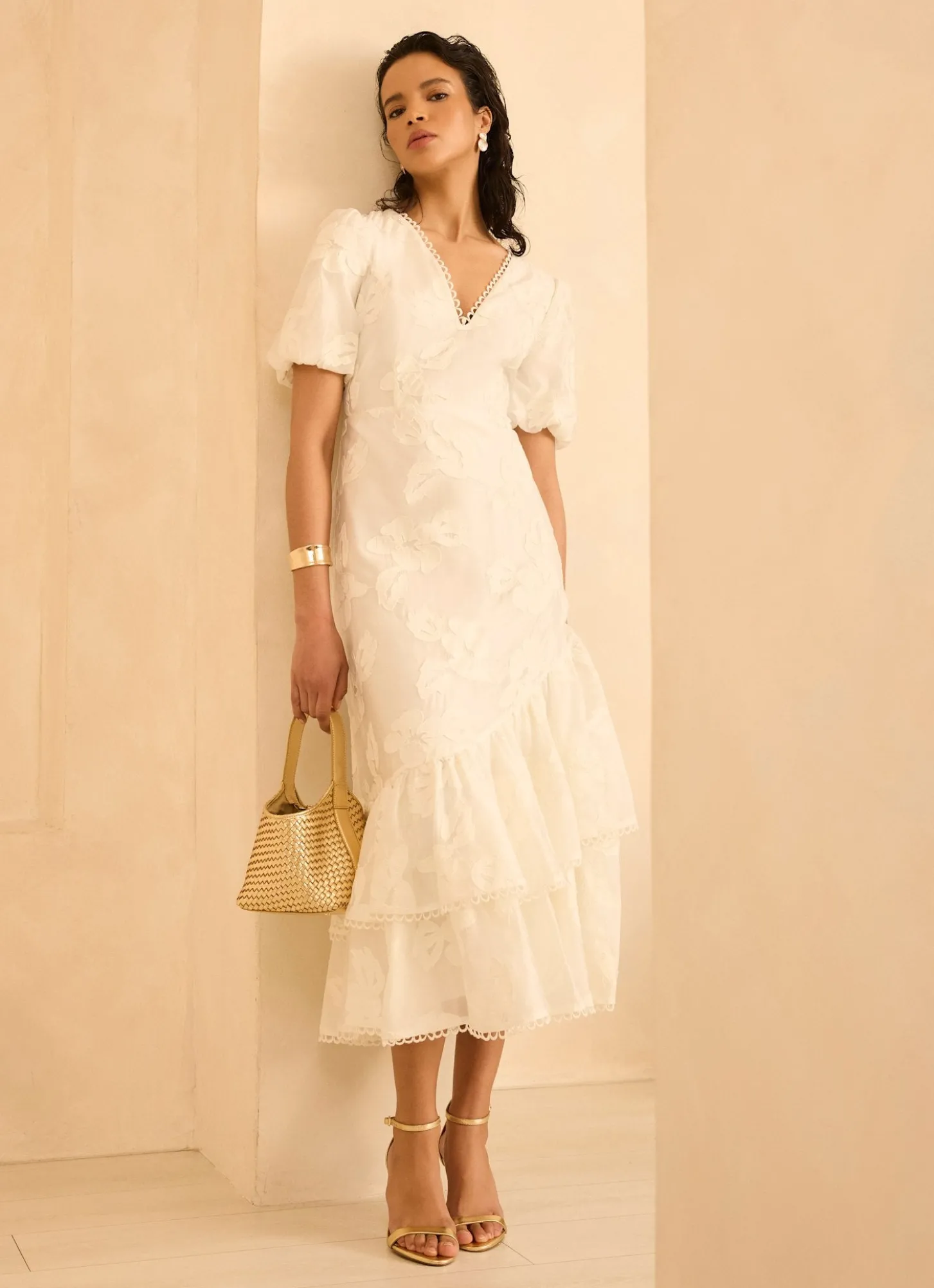White Cotton Blend Floral Maxi Dress