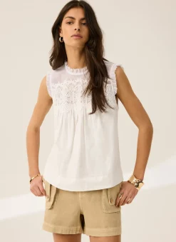 White Cotton Blend Lace Applique Top
