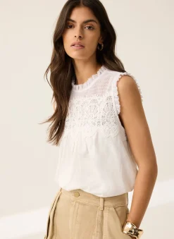 White Cotton Blend Lace Applique Top